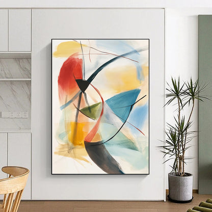 Contemporary hand-painted abstract artwork features soft pastels and geometric shapes with dynamic brushwork and layered depth for a striking visual experience. DLZ1393