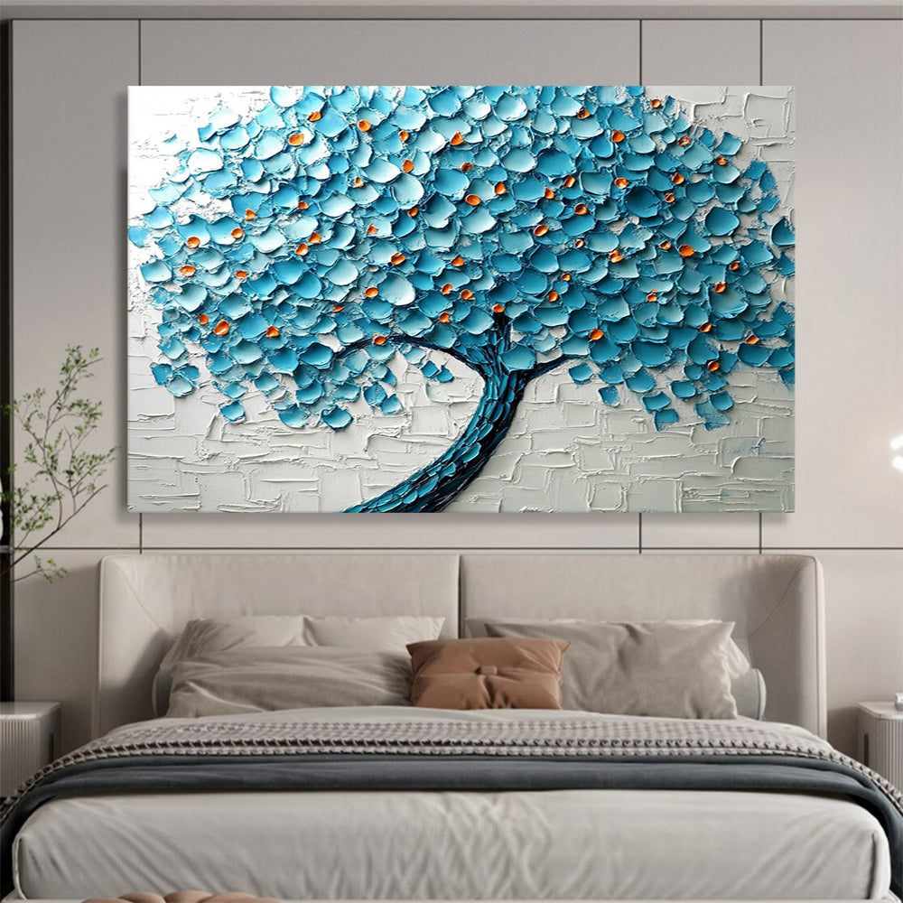 Blue, Orange and White Textured Tree "Vibrant Canopy" Painting On Canvas HB0424