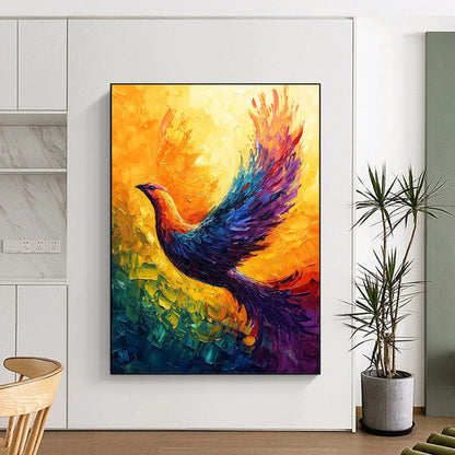 Contemporary abstract art featuring a vibrant phoenix with radiant colors and dynamic brush strokes, creating a captivating display of movement and energy. DLZ1500