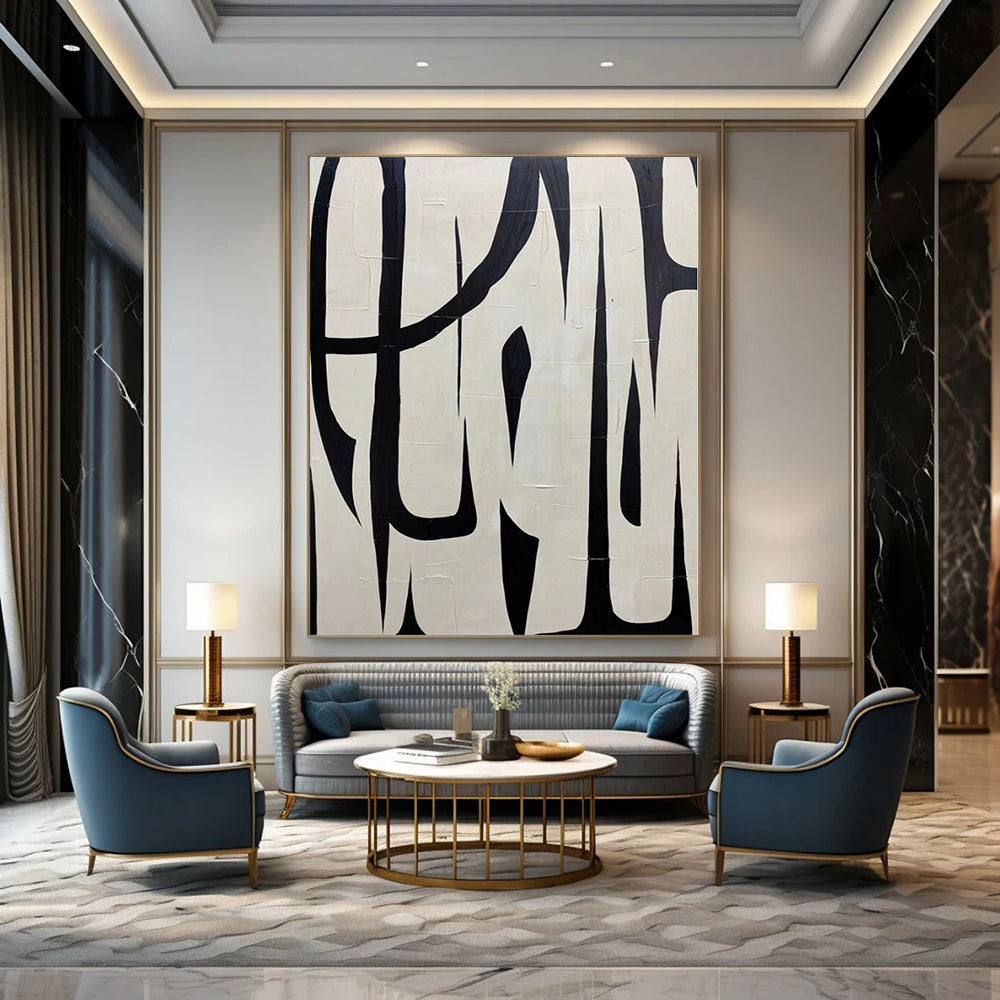 Oversized Hand-Painted Modern Abstract Mural for Living Room Behind Sectional Dividers